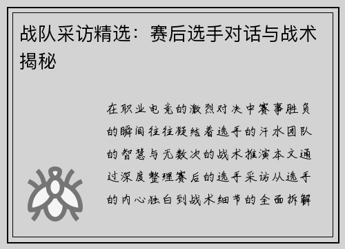 战队采访精选:赛后选手对话与战术揭秘